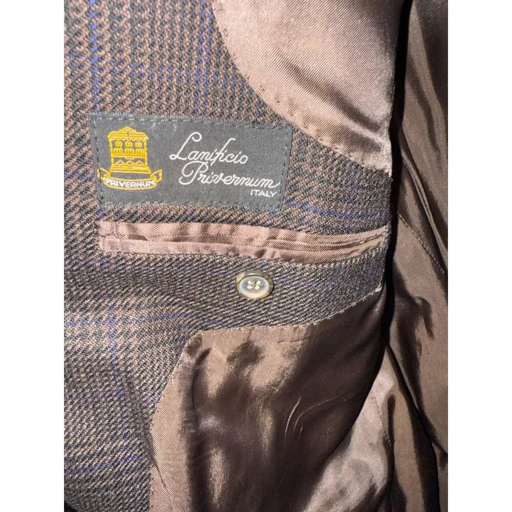 Lanificio Privernum Men’s 46R Brown Glen Plaid 100% Wool Blazer Sport Coat